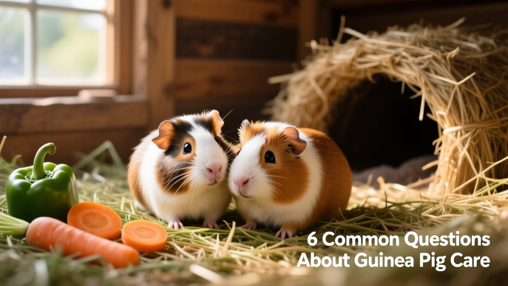Two friendly guinea pigs grooming each other side-by-side in a sunlit enclosure with hay, fresh veggies, and a cozy hideout