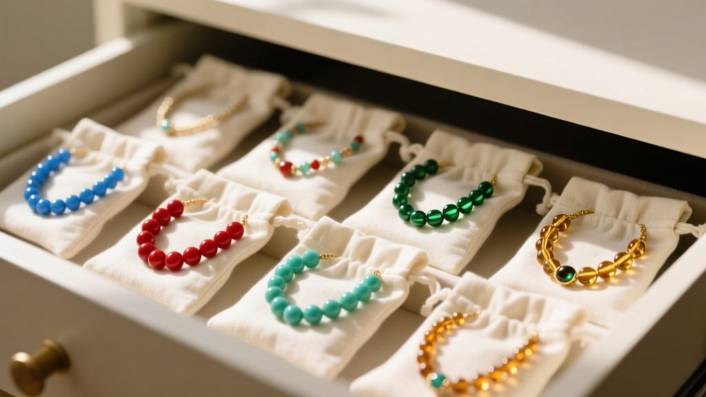 Organized jewelry drawer showing individual soft cotton pouches storing multicolor beaded necklaces away from direct sunlight