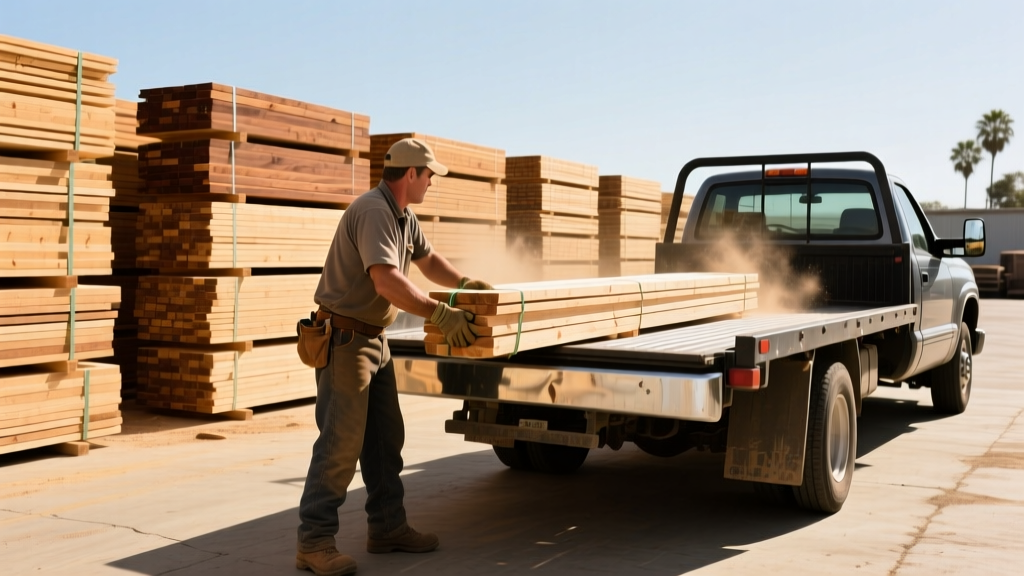 Local lumber yard in Costa Mesa with stacked dimensional lumber and a contractor loading a flatbed truck on a sunny day