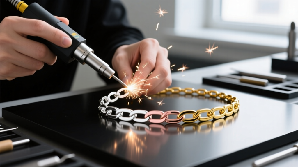Close-up of a jeweler using a laser welder to fuse a white gold link to a rose gold link on a tri gold necklace workbench