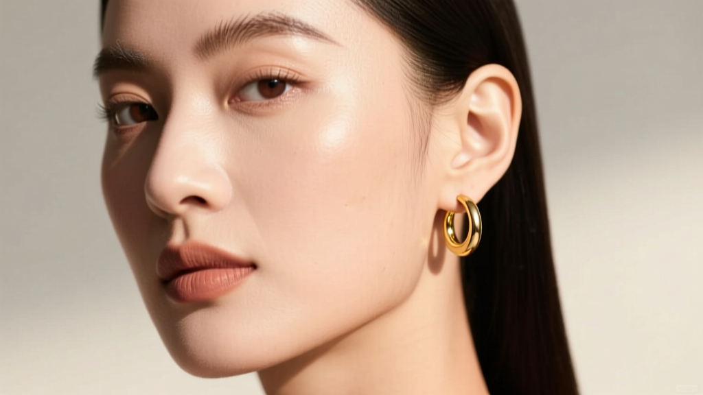Front-facing portrait of woman wearing 12mm diameter gold huggie hoop earrings on her upper lobe and cartilage in natural light.
