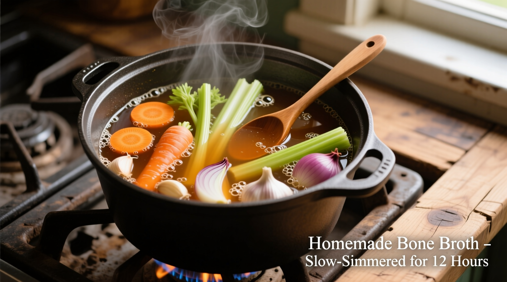 Homemade bone broth simmering in a pot with vegetables