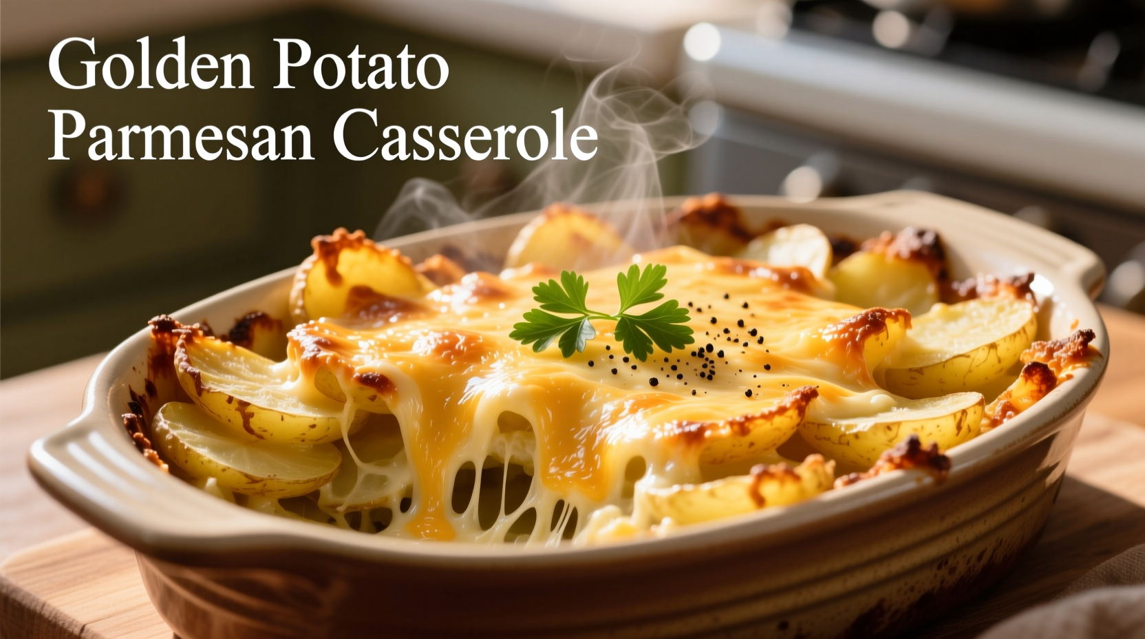 Golden potato parmesan casserole with melted cheese