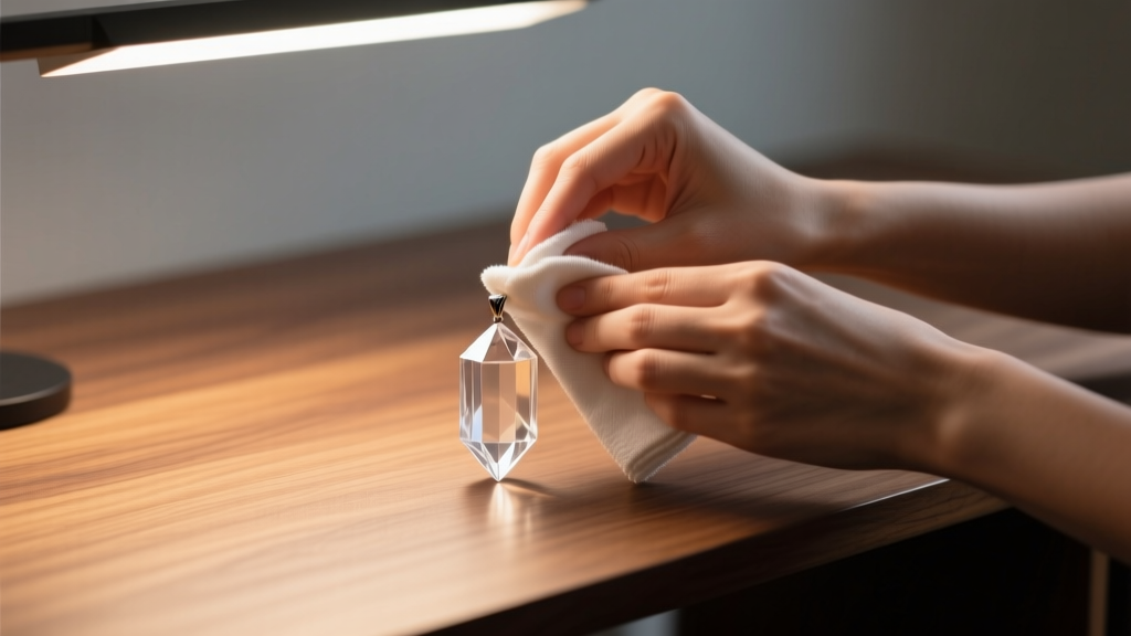 Hands gently wiping a geometric clear quartz pendant with a damp microfiber cloth over a wooden desk, soft warm overhead lighting