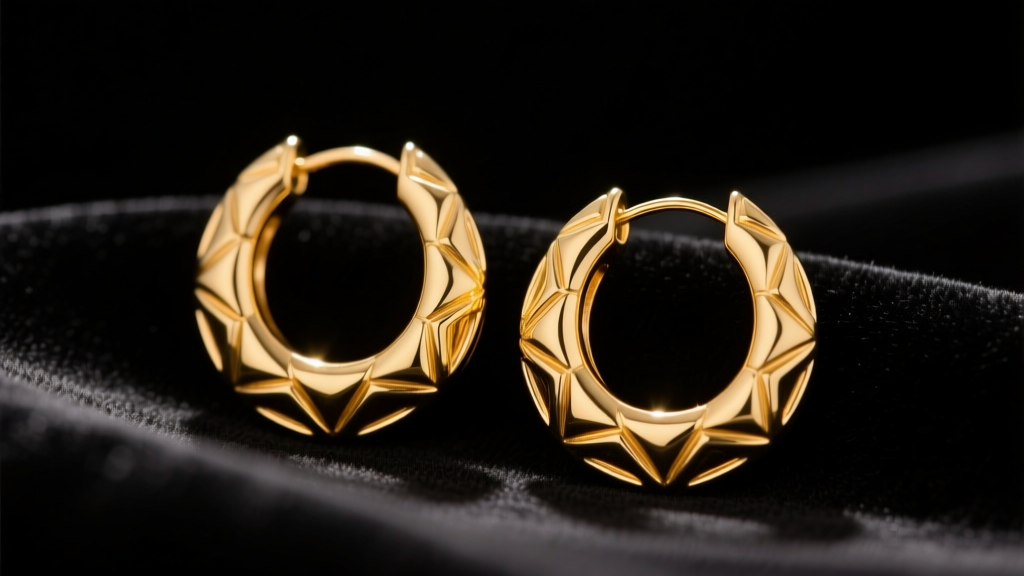 Close-up of a pair of thick 1970s vintage 14k yellow gold hoop earrings resting on a dark velvet cloth under warm studio lighting