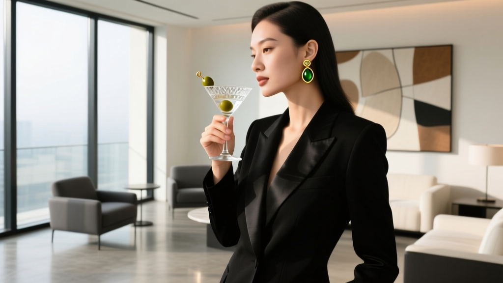 Stylish woman in a black tailored blazer wearing subtle gold martini olive stud earrings, sipping a cocktail in a modern lounge