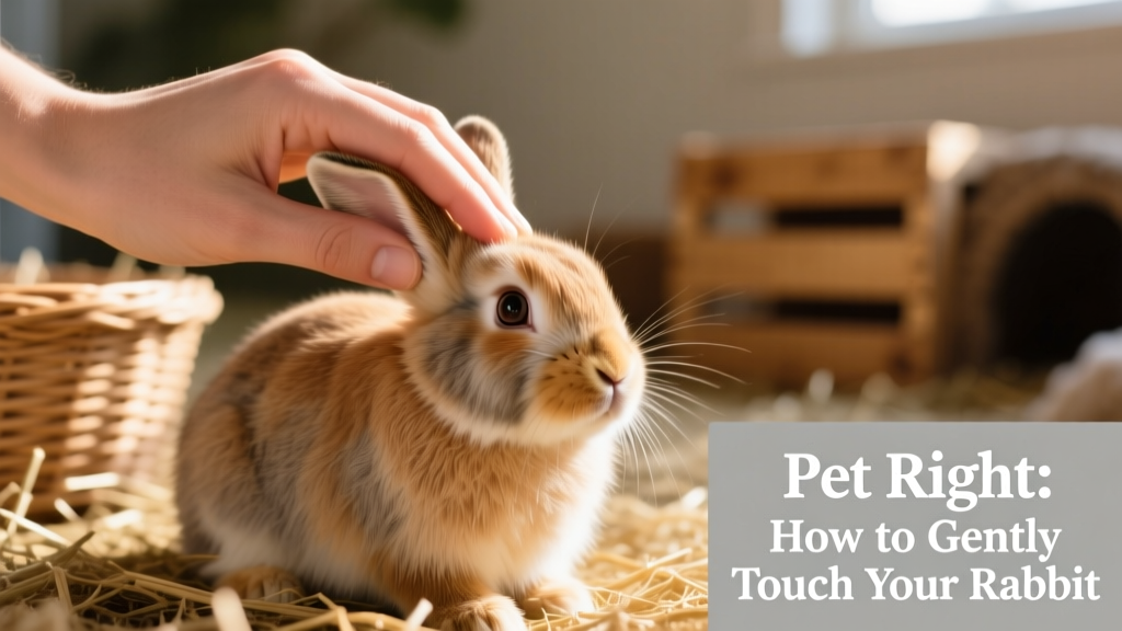 Close-up of a person’s hand gently stroking a rabbit’s forehead between the eyes