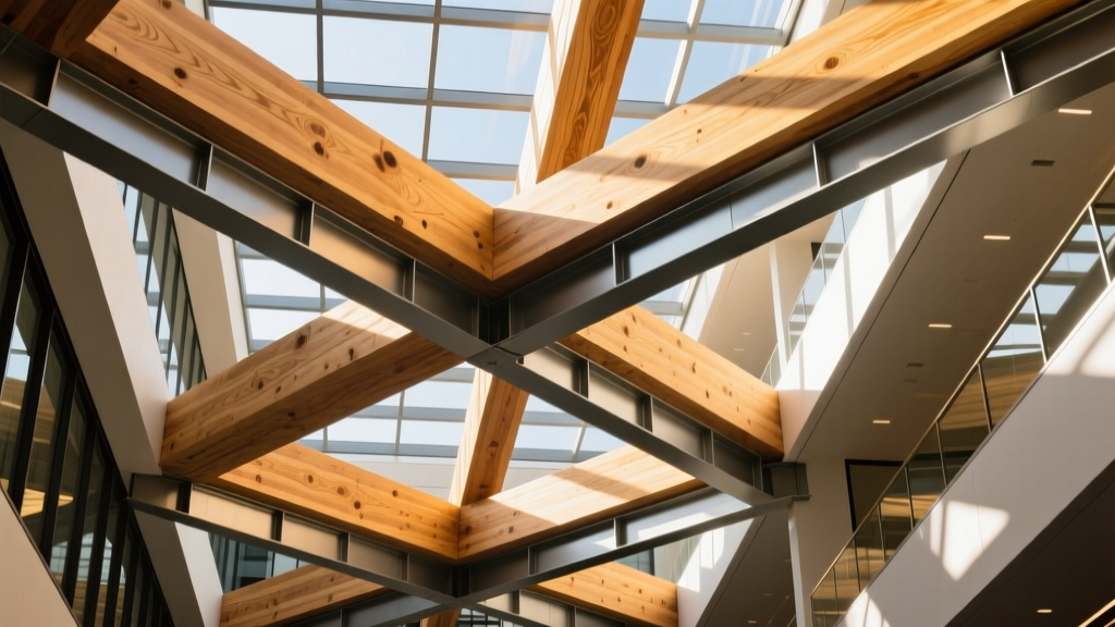Heavy timber glulam beams intersecting with steel brackets in a modern commercial building atrium, showcasing structural load paths and wood grain