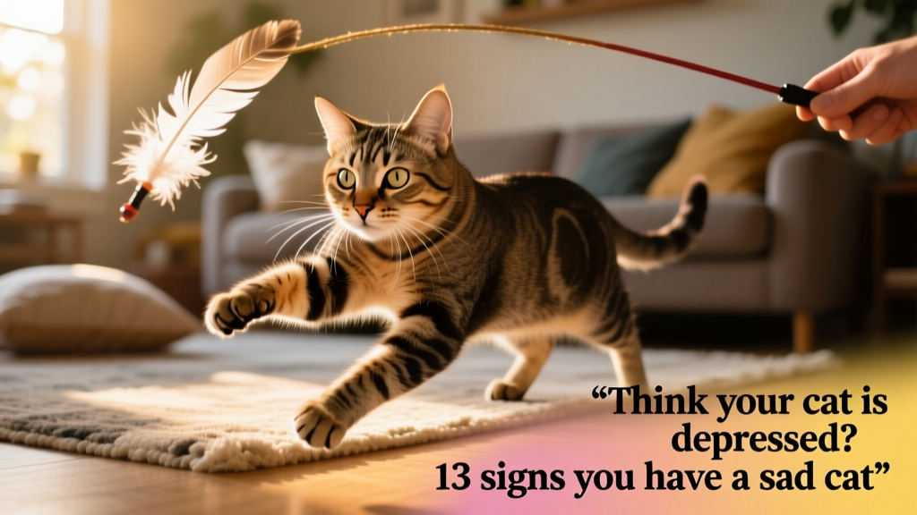 A cat mid-pounce, chasing a feather wand toy held by a hand just out of frame