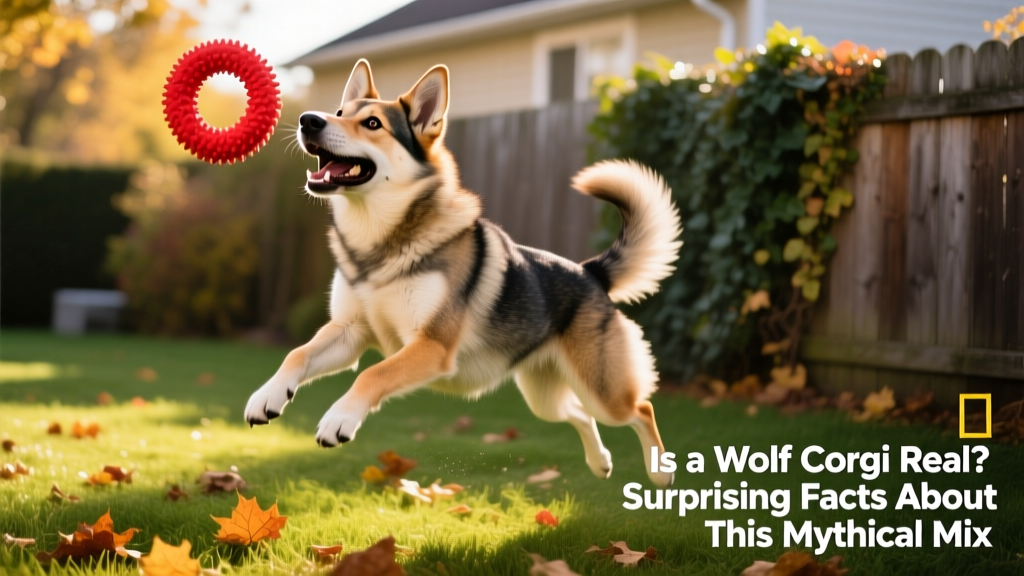 A happy Swedish Vallhund playing fetch with a durable rubber toy in a backyard setting