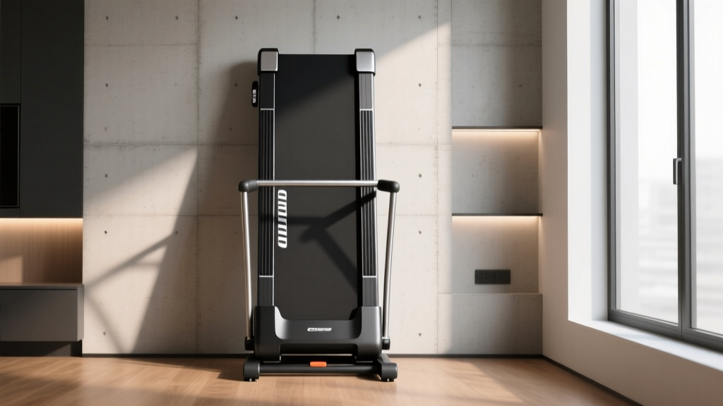 Side profile of a flat manual folding treadmill stored vertically against a modern apartment wall to save space