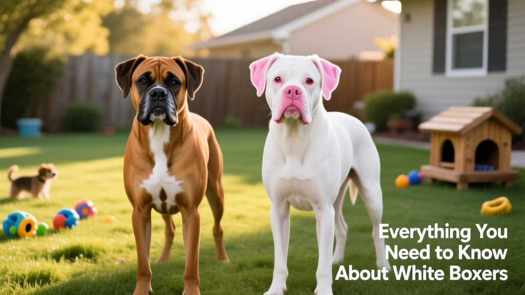 Side-by-side comparison showing pigment differences between a fawn Boxer and a white Boxer with pink nose and ear tips