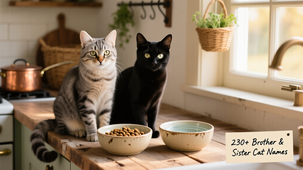 Two cats sitting side by side beside matching ceramic bowls—one filled with kibble, the other with water—on a rustic wooden counter