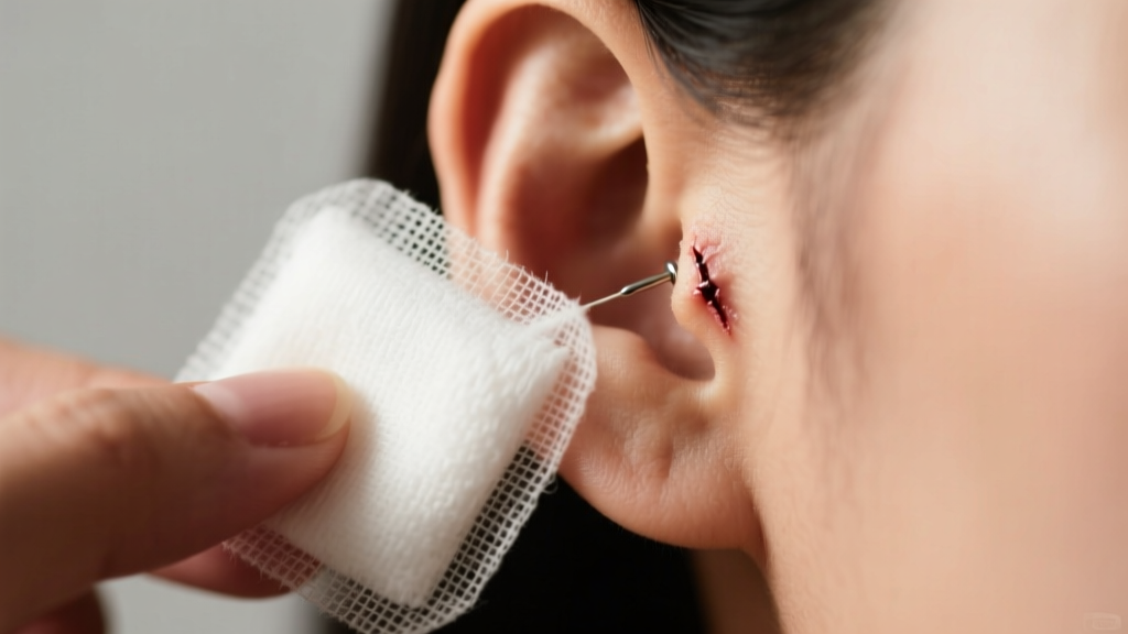 Sterile gauze pad dabbing a healed ear piercing, showing crisp white fibers against warm skin tones in soft, diffused lighting.