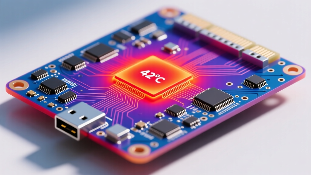 Thermal camera imaging of the Creality CR-Scan Ferret mainboard revealing a 42-degree Celsius hotspot near the USB-C port.