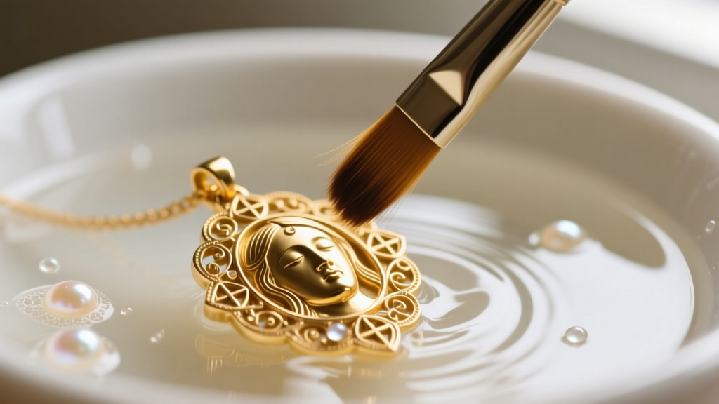 Macro shot of an ultra-soft brush gently cleaning the intricate facial contours of a gold religious pendant in warm soapy water.