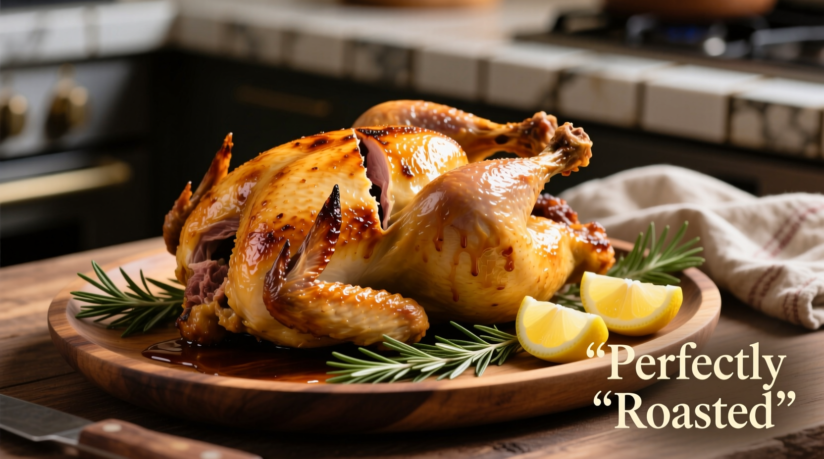 Perfectly roasted rotisserie chicken on platter