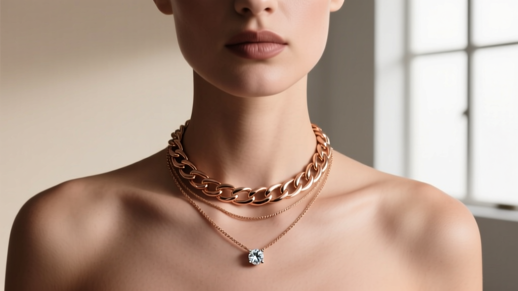 Model wearing a layered barse necklace in hammered rose gold, paired with a 1mm cable chain and a small diamond solitaire pendant