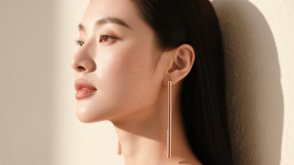 Side profile of a woman with a round face wearing long linear rose gold dangle earrings elongating her jawline in natural sunlight.