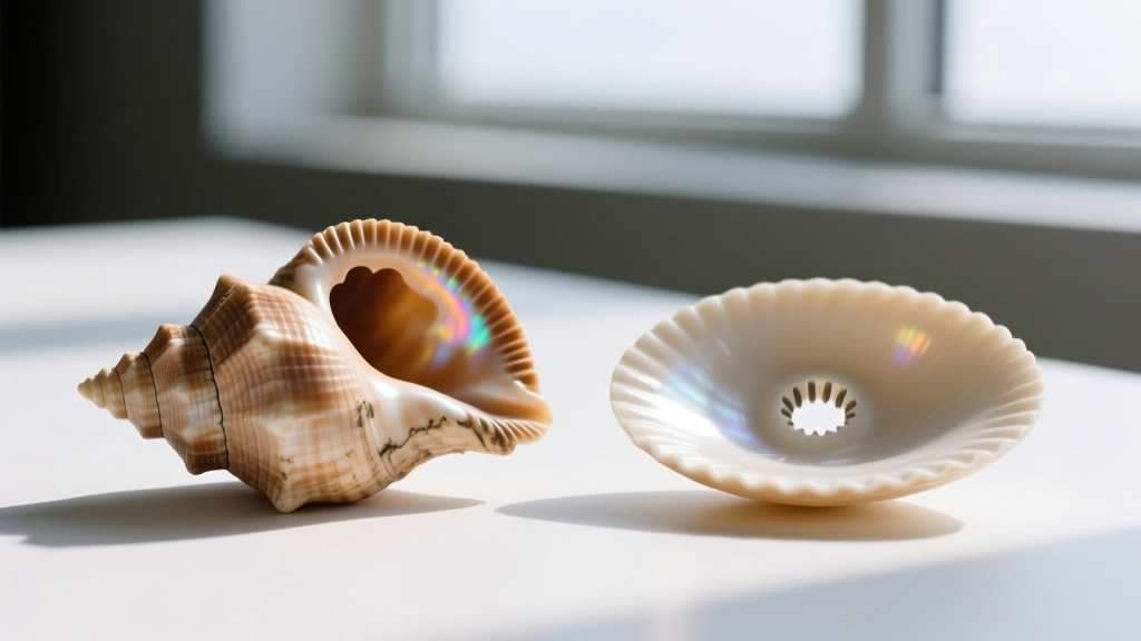 Macro shot comparing a real convex puka shell with a natural hole against a flat, artificially drilled howdah shell replica.