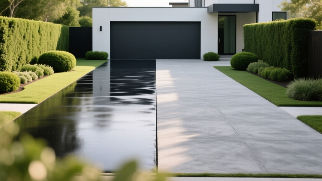 Split driveway showing smooth dark asphalt on left and brushed gray concrete on right, bordered by green landscaping.