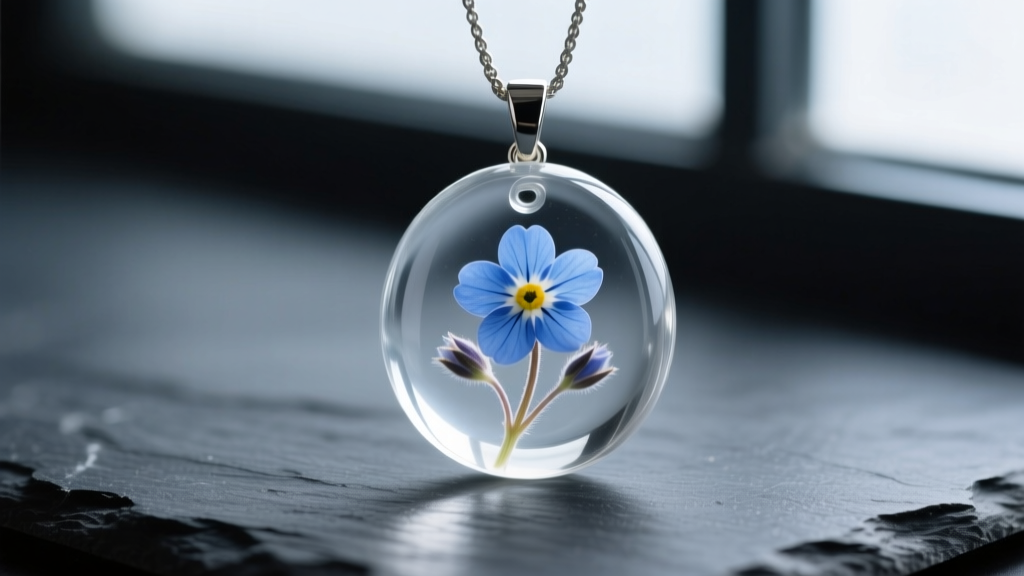 Clear resin pendant holding a dried blue forget-me-not flower on dark slate, soft lighting revealing the smooth glossy surface.