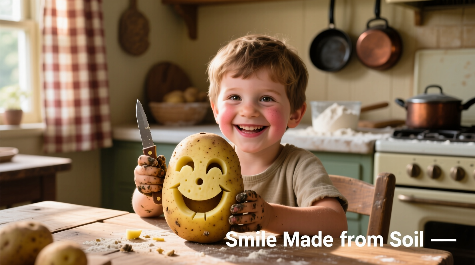 Child smiling while holding potato smiley face creation