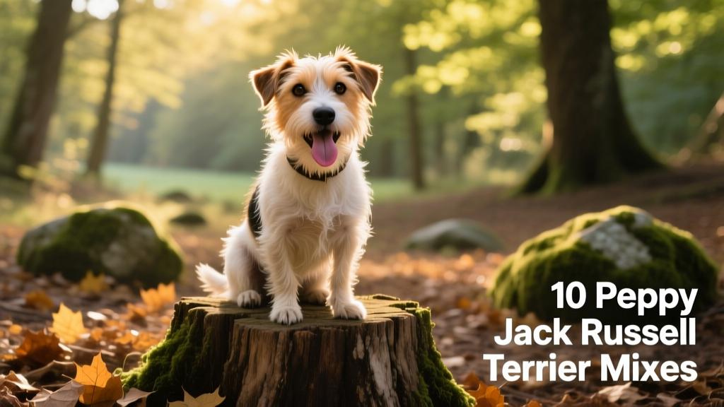 jackador sitting on a tree stump with her tongue out