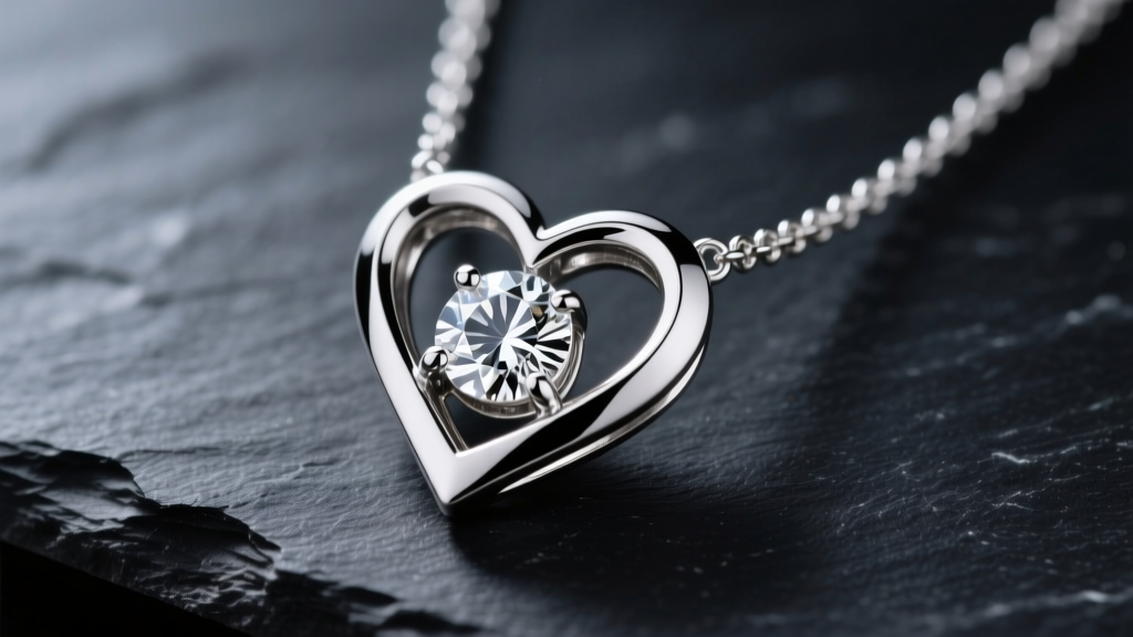 Macro shot of a platinum heart shaped tennis necklace on dark slate, showing V-prongs and brilliant facets under studio lighting.