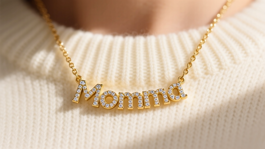 Close-up of a 14k solid gold momma necklace with three tiny diamond initials resting on a cream knit sweater in warm light.