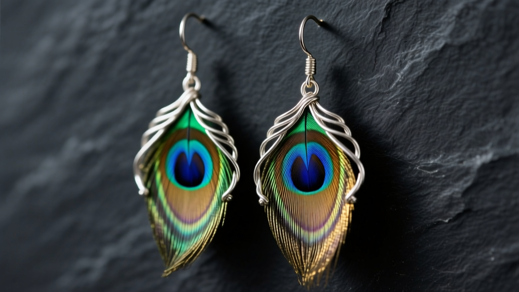 Close-up of DIY feather earrings with iridescent peacock feathers and 20-gauge sterling silver wire wrapping on dark slate
