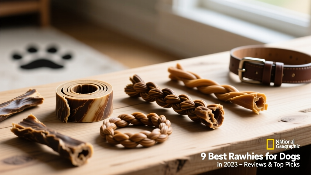 A close-up of several high-quality rawhide chews laid out on a clean wooden surface—rolls, braids, and twists—showcasing texture and natural color
