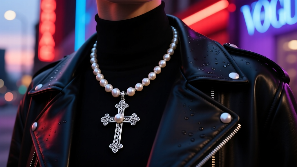 Close-up of a Chrome Hearts cross pearl necklace worn over a black leather jacket, illuminated by soft neon streetlights at dusk
