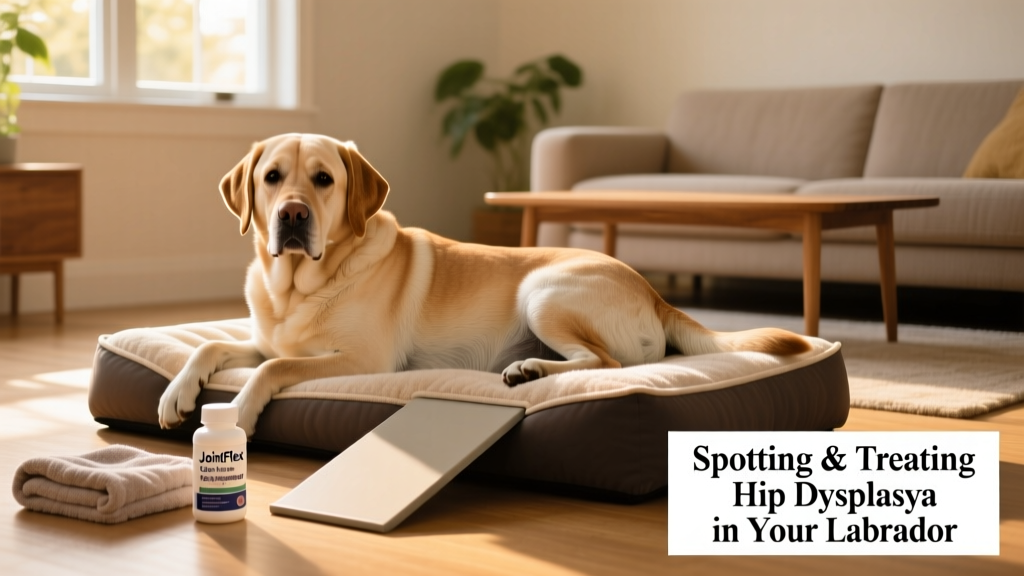 Labrador Retriever comfortably resting on orthopedic dog bed, with supportive ramp nearby and joint supplement bottle visible on floor