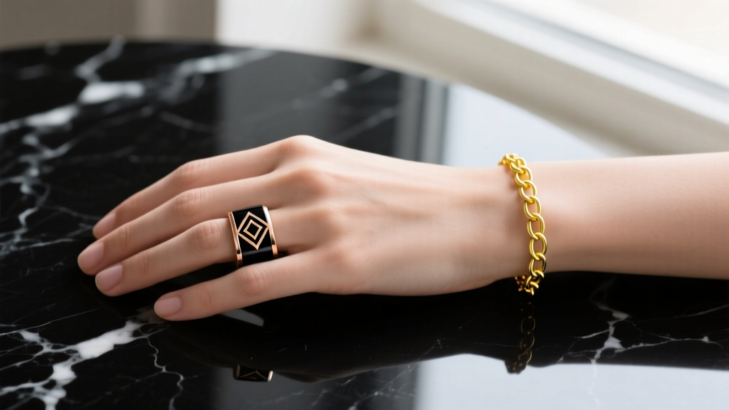 Overhead view of a hand wearing a mixed-metal two-tone signet ring and a delicate yellow gold rolo chain bracelet on dark marble.