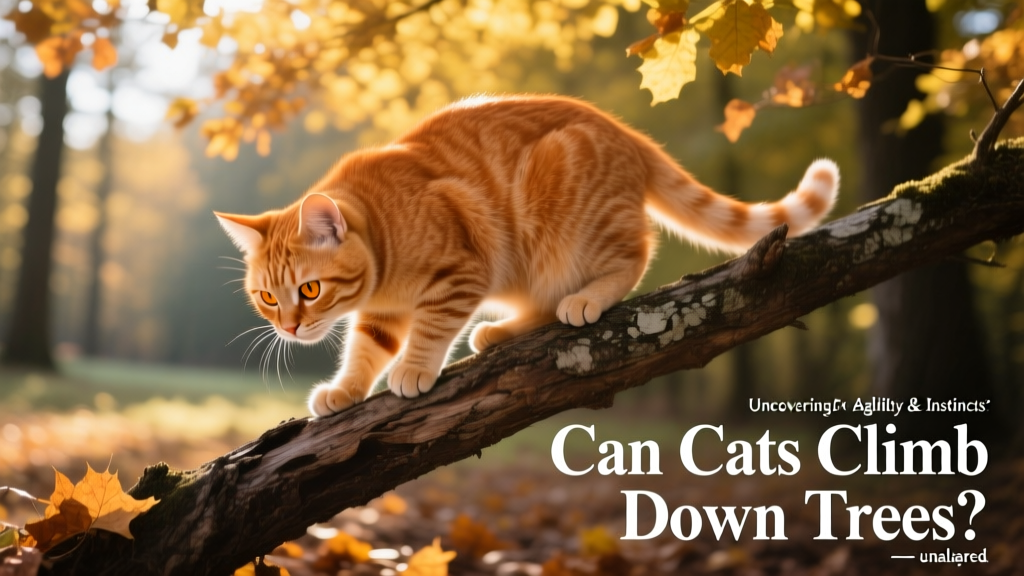 A ginger cat perched cautiously on a low tree branch, looking downward