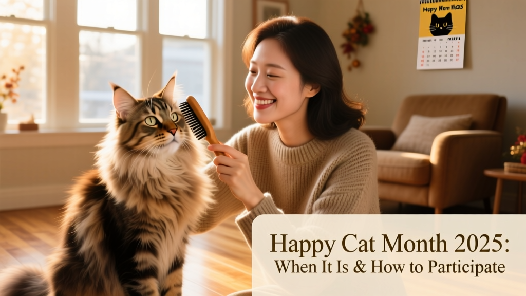 Close-up of a person gently brushing a fluffy Maine Coon cat while smiling