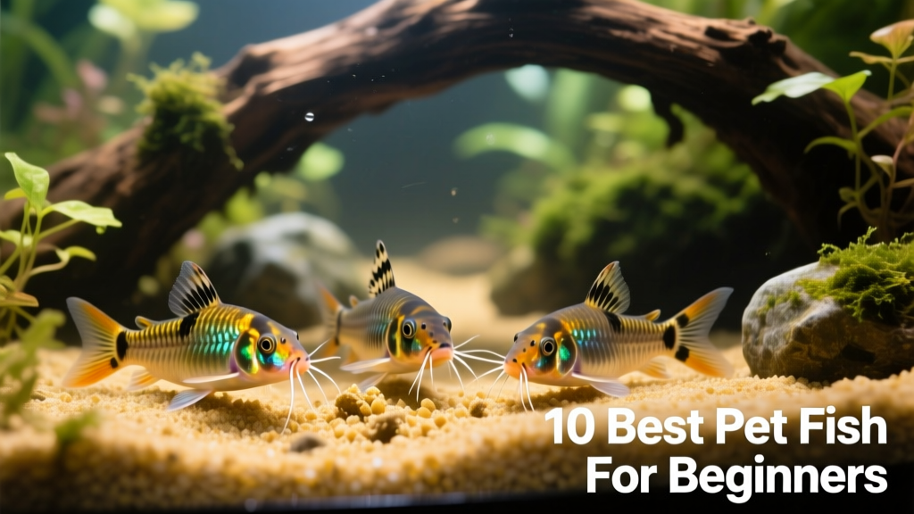 Close-up of three corydoras catfish sifting through fine sand substrate in a lush, planted aquarium with driftwood and gentle lighting