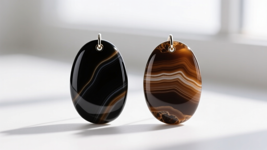 Macro view comparing a dyed black onyx earring and natural brown onyx, highlighting subtle banding and color depth differences