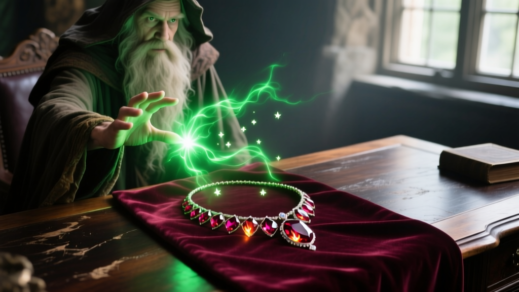 Wizard hand casting a glowing green magical spell onto a ruby necklace resting on a velvet cloth, illuminating a dark wooden desk.