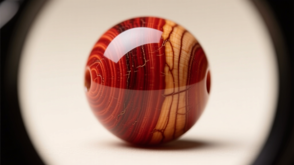 Macro loupe view showing natural wood-grain striations and subtle color variations on a polished genuine red coral bead surface