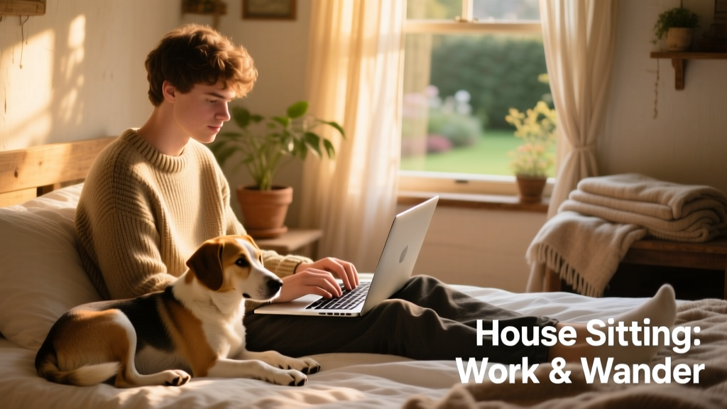A sitter seated on a bed with a laptop open, a relaxed dog resting comfortably on their lap