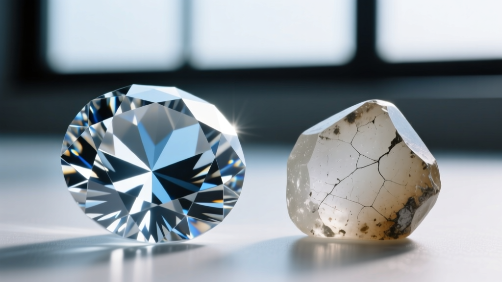 Macro view of a sharp diamond facet edge beside a worn, abraded lead glass paste gemstone under 10x jeweler's loupe magnification.