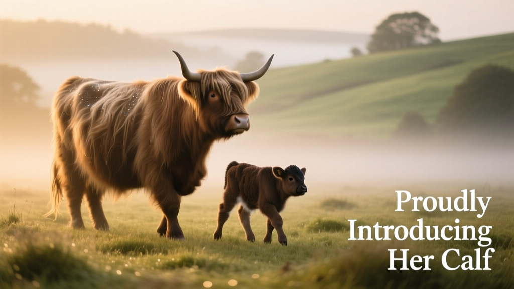 Mother Highland cow and calf walking slowly together through a misty meadow at sunrise