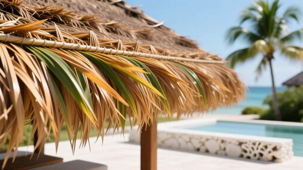 Close-up of high-density polyethylene synthetic thatch roofing showing realistic palm textures on a tropical resort pavilion roof