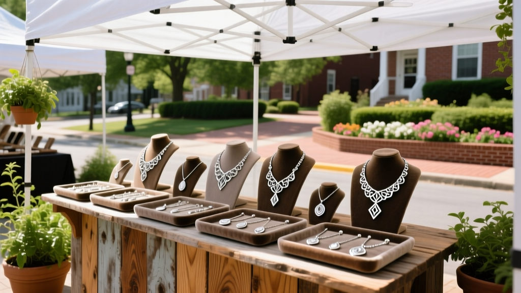Outdoor artisan market in Silver Spring Maryland featuring a wooden stall displaying handmade sterling silver necklaces under a white canopy