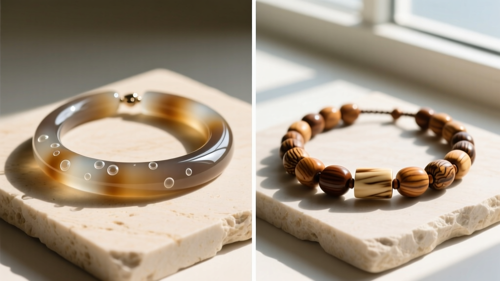 Side-by-side view of a cheap resin tourist necklace and an artisan laid Hawaiian necklace showing distinct finish differences