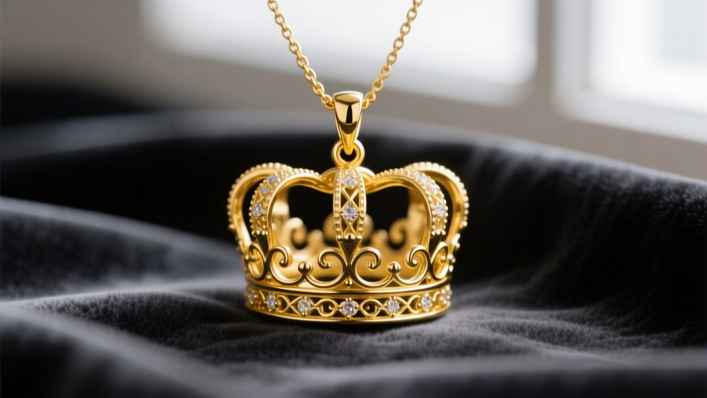 Close-up of a solid 18k yellow gold crown necklace pendant with filigree arches resting on dark charcoal velvet fabric.