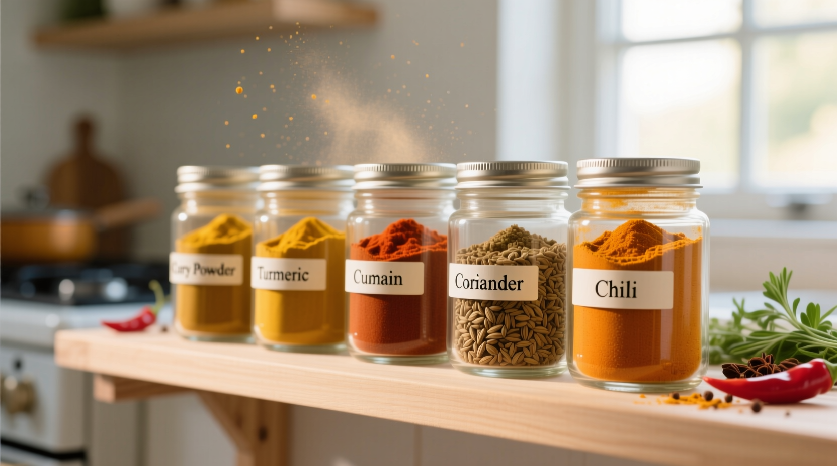 Fresh curry powder spices in glass jars
