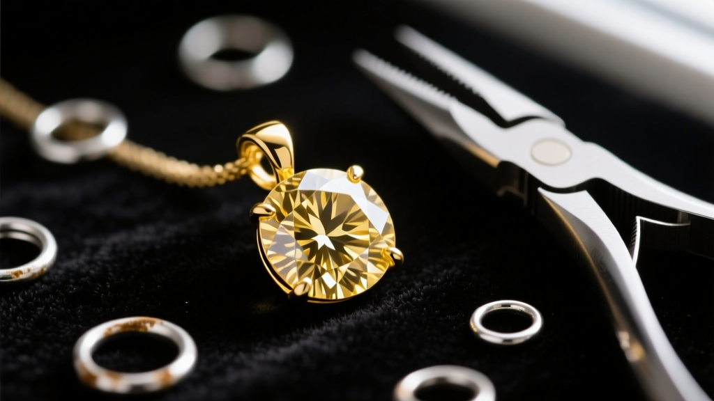 Macro shot of a 14k yellow gold diamond necklace pendant on black velvet, surrounded by scattered silver jump rings and pliers.